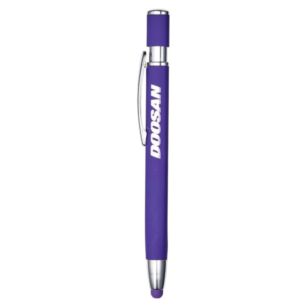 A metal pen with a purple body and silver accents, featuring a logo on the side.