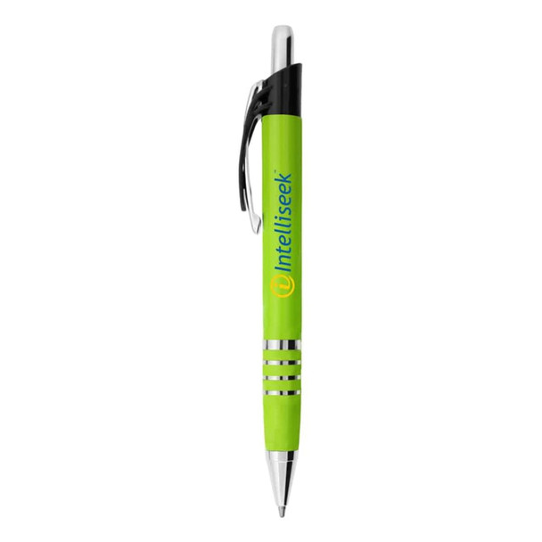 A green metal pen with a chrome tip and clip, featuring a logo on its barrel.