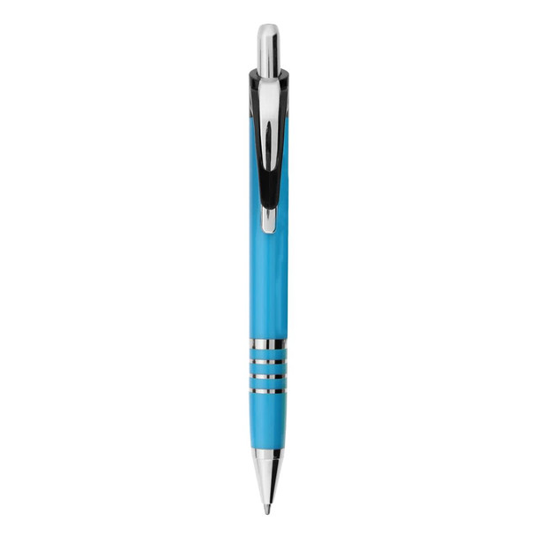 A metal pen in a bright blue hue, featuring a chrome clip and decorative silver rings. It has a branding logo.