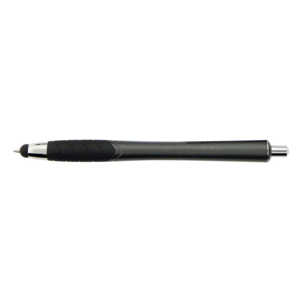 A stylus pen in a sleek black design with a textured grip and silver accents. It features a branding logo.