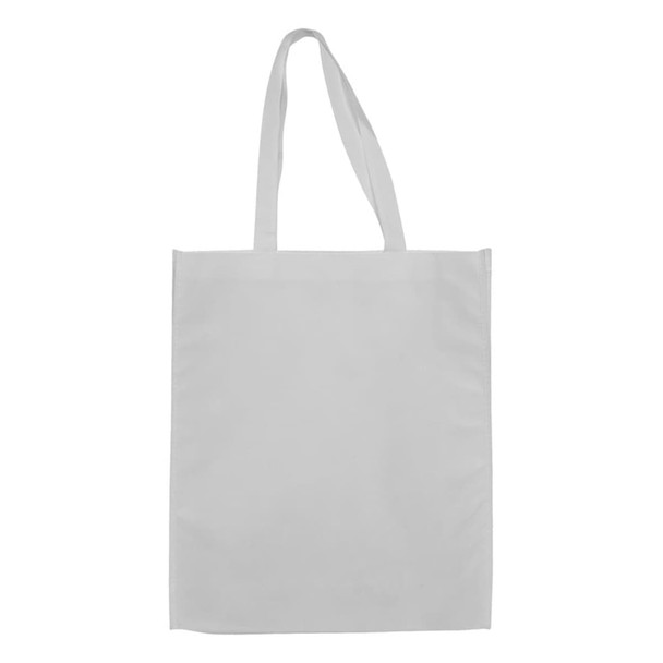 A large white shopping tote bag with gusset and long handles, featuring a logo.