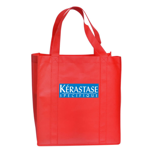 A red shopping tote bag with gusset and handles, featuring a logo on one side.