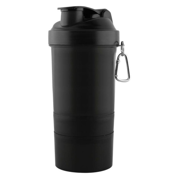A drink bottle featuring a black 3 in 1 shaker cup design, equipped with a carabiner and a lid.