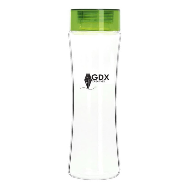 A drink bottle with a transparent body and a green screw-on lid, featuring a logo.
