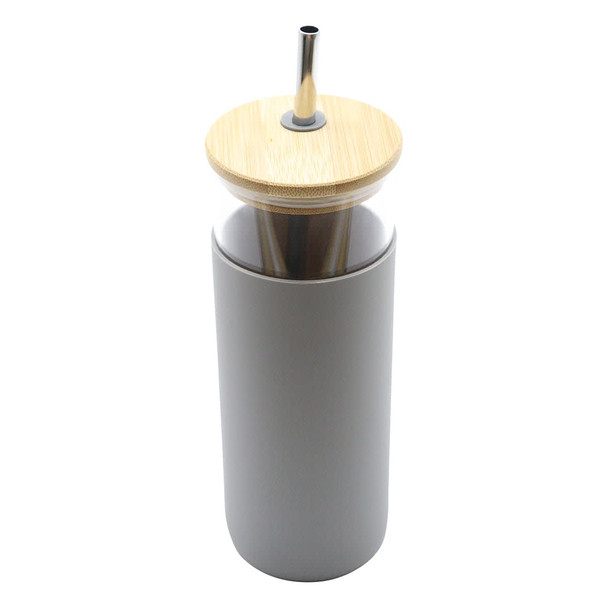 A drink bottle with a grey body and a bamboo lid, featuring a stainless steel straw. It has a logo on it.