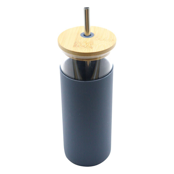 A drink bottle with a dark grey body, bamboo lid, and metal straw. It features a logo on the side.