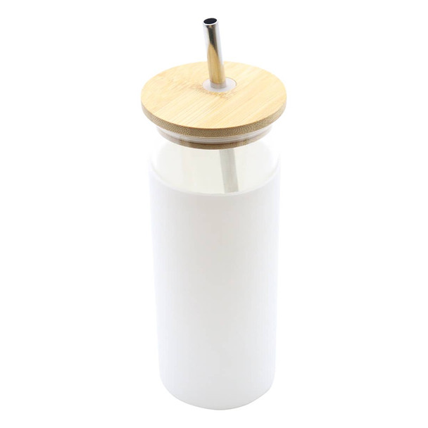 A drink bottle with a white body, bamboo lid, and metal straw, featuring a logo.
