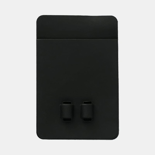 A black silicone phone wallet featuring two slot openings and a smooth surface, with a logo on the front.