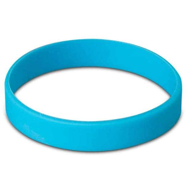 A blue silicone wristband featuring a branding logo, suitable for promotional use.