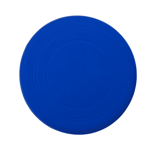 A blue silicone frisbee with a smooth surface and a circular design, featuring an emblem.