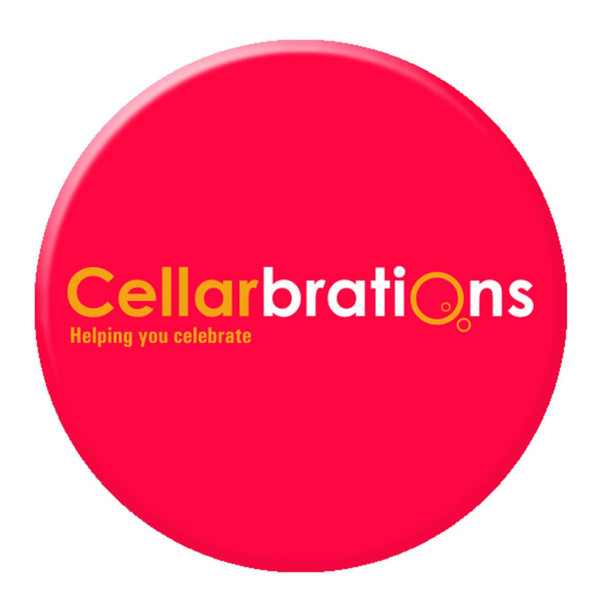 A red 100mm button badge featuring a circular shape and a logo.