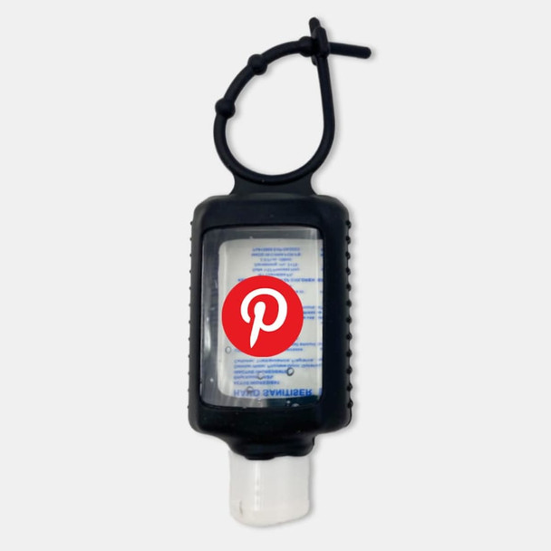 A 60ml hand sanitiser gel in a black silicone soft travel sleeve, featuring a loop for attachment.