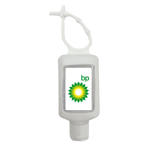 A 60ml hand sanitiser gel in a white silicone soft travel sleeve, with a brand logo on the front.