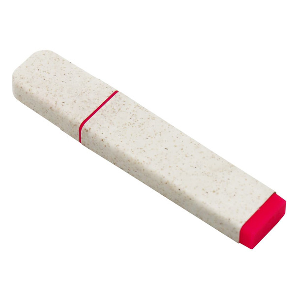 An eco-friendly highlighter in beige with a pink end, featuring a smooth, sleek design and a logo.