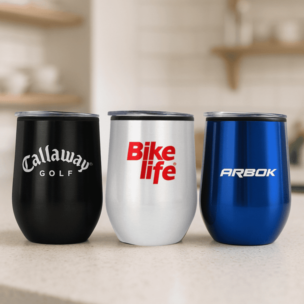 A drink bottle featuring three coffee mugs in black, white, and blue with various logos.