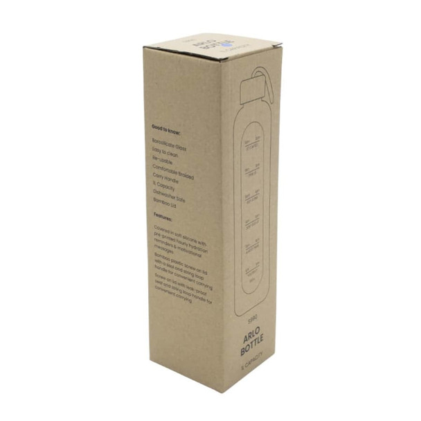 A drink bottle in a cardboard box, featuring a hand grip and a minimalist design, with a logo on the side.