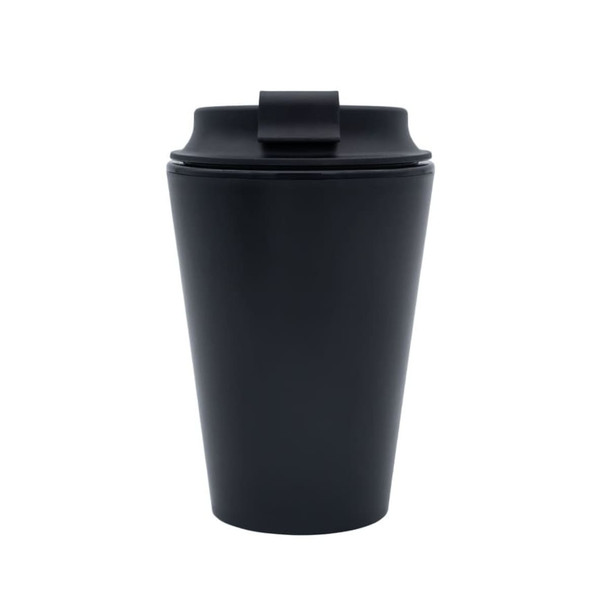 A black, recycled PP 350mL coffee mug with a lid and a sleek design, featuring a logo.