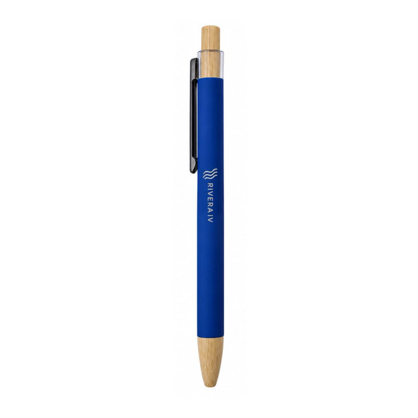A blue pen with a bamboo clip, featuring a sleek design and a branding logo. Ideal for writing.