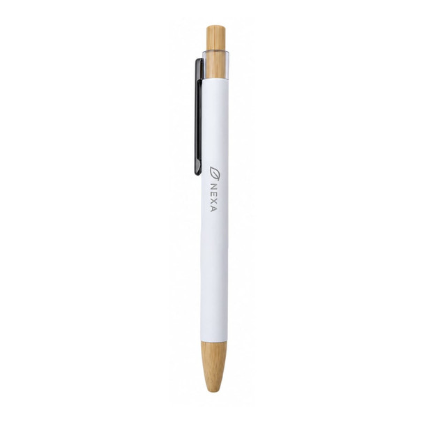 Abele Bamboo Click Pen featuring a white barrel, bamboo detailing, and a black grip. It includes a logo.