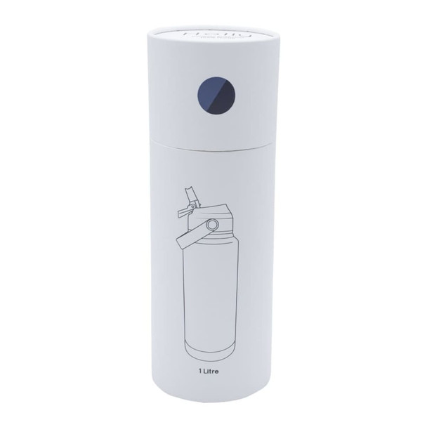 A drink bottle with a cylindrical white design, featuring an illustration and a branding logo on the cap.