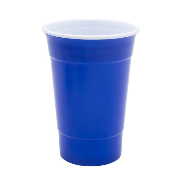 A blue double wall cup with a white inner layer, suitable for beverages. Features a logo design.