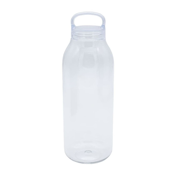 A drink bottle made of clear material with a handle, featuring a simple and sleek design.