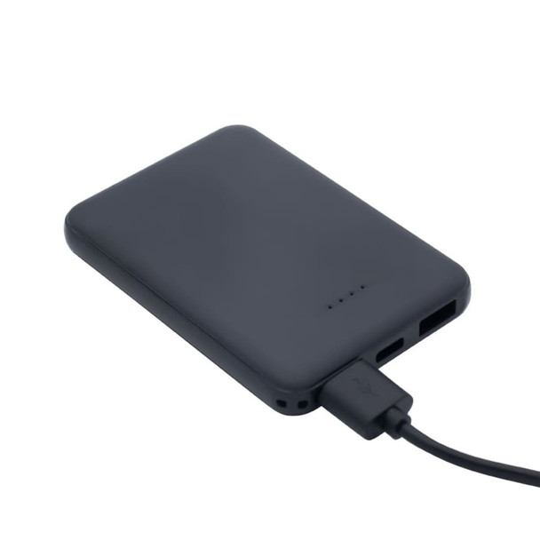 A black power bank with charging cable attached, featuring USB ports and indicator lights.