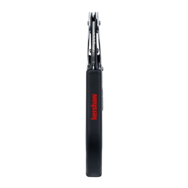 A drink bottle opener with a sleek black handle and a silver metal opener, featuring a visible logo.