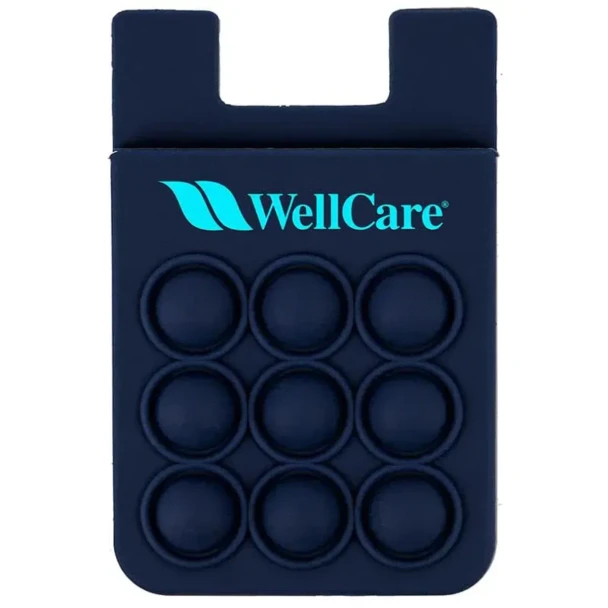 A navy silicone phone wallet with a textured popper design and a logo. Suitable for attaching to mobile devices.