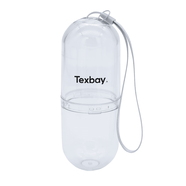 A clear, cylindrical pill tube with a white strap and a logo on the front.