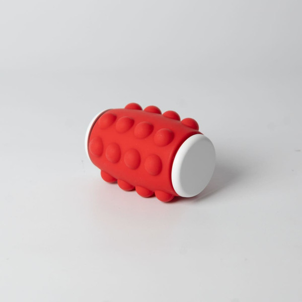 A red spinner with a textured surface and white ends, featuring rounded bumps. It has a logo on one side.