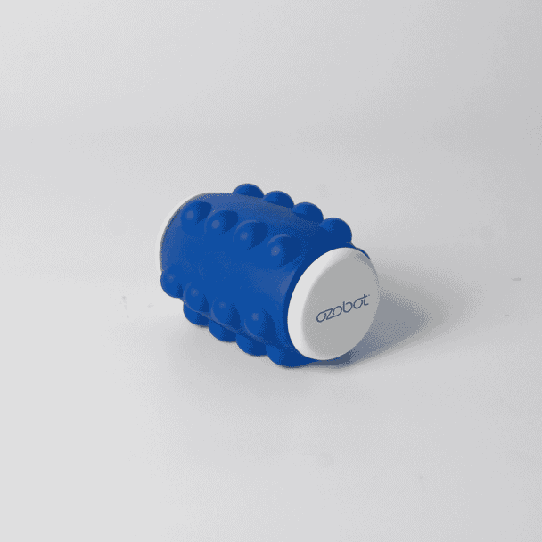 A blue Whirl Popper Spinner with a white top and bottom, featuring a logo on one side.