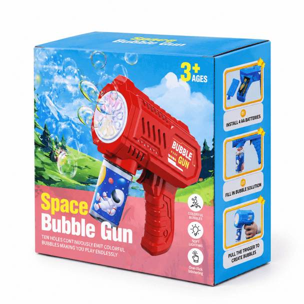A red bubble gun with a blue handle, featuring a colourful box and instructions for use. Includes a logo.