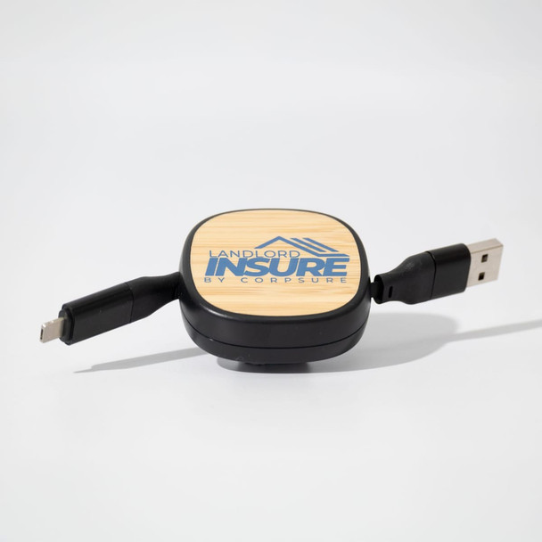 A fast charging cable in black with a wooden textured centre and two connectors, featuring a logo.