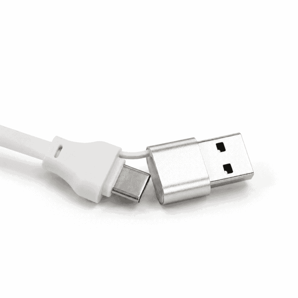 A white fast charging cable with a USB connector and a Type-C connector, featuring a metallic end.