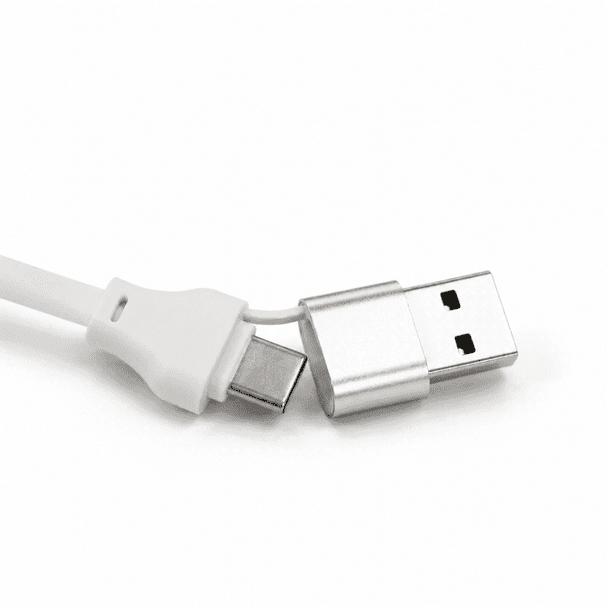 A white fast charging cable with a USB connector and a Type-C connector, featuring a metallic end.