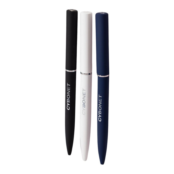 Three metal pens in black, white, and navy blue, featuring branding on the barrels.