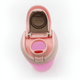 A drink bottle in pink and beige with a flip-top lid and integrated straw. It has a logo on the side.