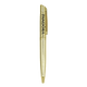A gold metal ball pen with a clip and a logo on the body.