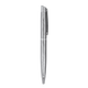 A silver metal ball pen with a sleek design and a clip for securing. It features a logo on the body.