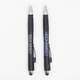 A pair of black pens with silver accents and branding, featuring rubber grips and stylus ends.