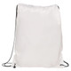 A white drawstring gym bag with black cords and a logo at the bottom.