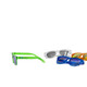Four pairs of sunglasses in various colours: green, clear, blue, and orange, with one featuring branding on the side.