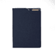 A navy blue A4 notebook with a smooth cover and a logo on the back.