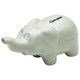 A light grey squeeze toy elephant with a surprised expression and a small trunk. It features a logo on its surface.