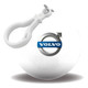 A white ball-shaped rain poncho with a clip attachment and a logo.