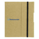 A small tuck journal book in brown with an elastic band closure and a logo on the front.