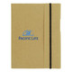 A large A5 journal book in a brown cover with an elastic band closure, featuring a logo.