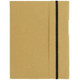 A tan A5 journal book with a black elastic band closure and a simple design, featuring a logo on the front.