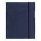 A navy blue Large Tuck A5 Journal Book with an elastic band and side pockets. It has a simple design and branding.